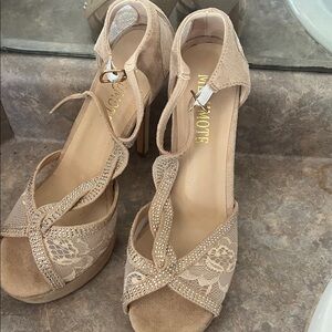 Mi Amore Nude Lace T-Strap Rhinestone Heels
